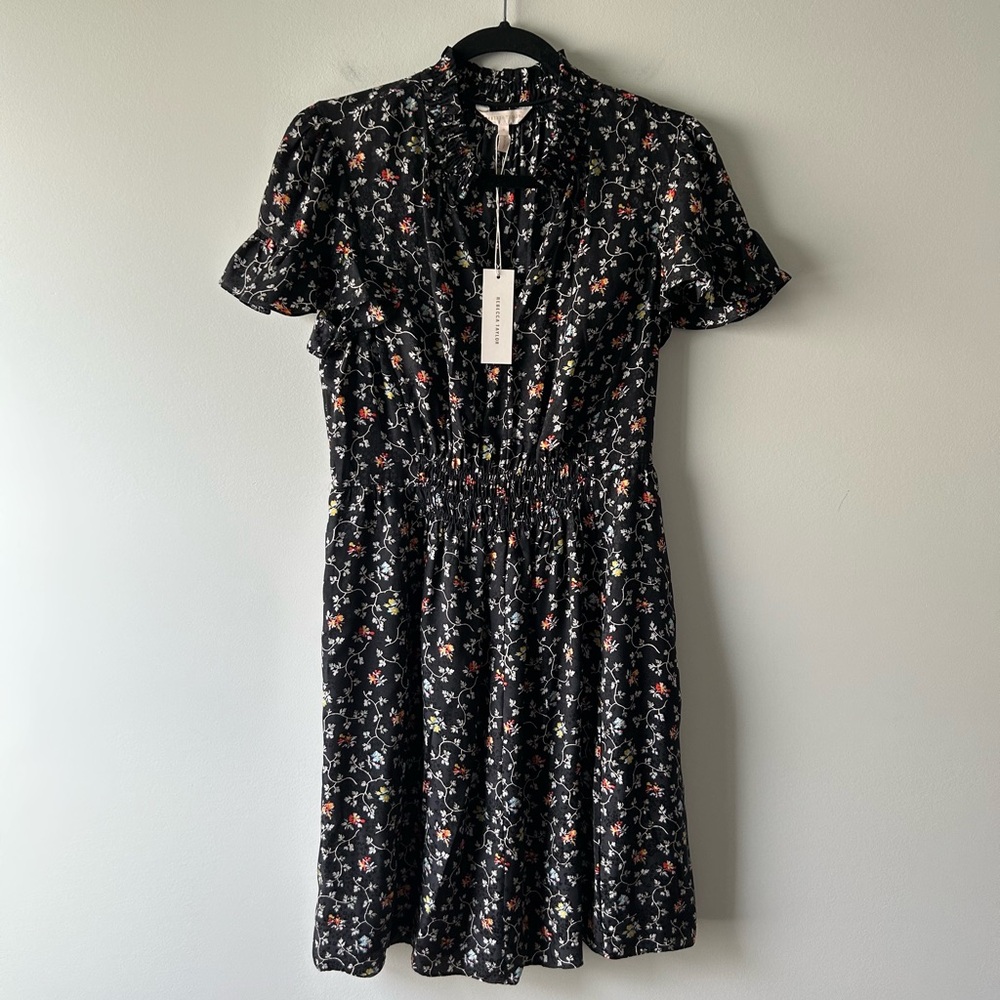 Rebecca Taylor black floral print silk dress